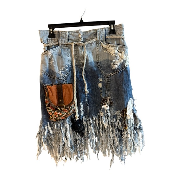 upcycled, bleached, fringe-hem denim skirt. Waist 30 length 21 - Picture 2 of 8